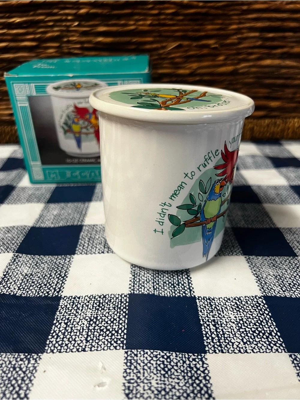 Vintage Muggables Parrot Coffee Mug with Lid & Original Box Ruffle Your Feathers